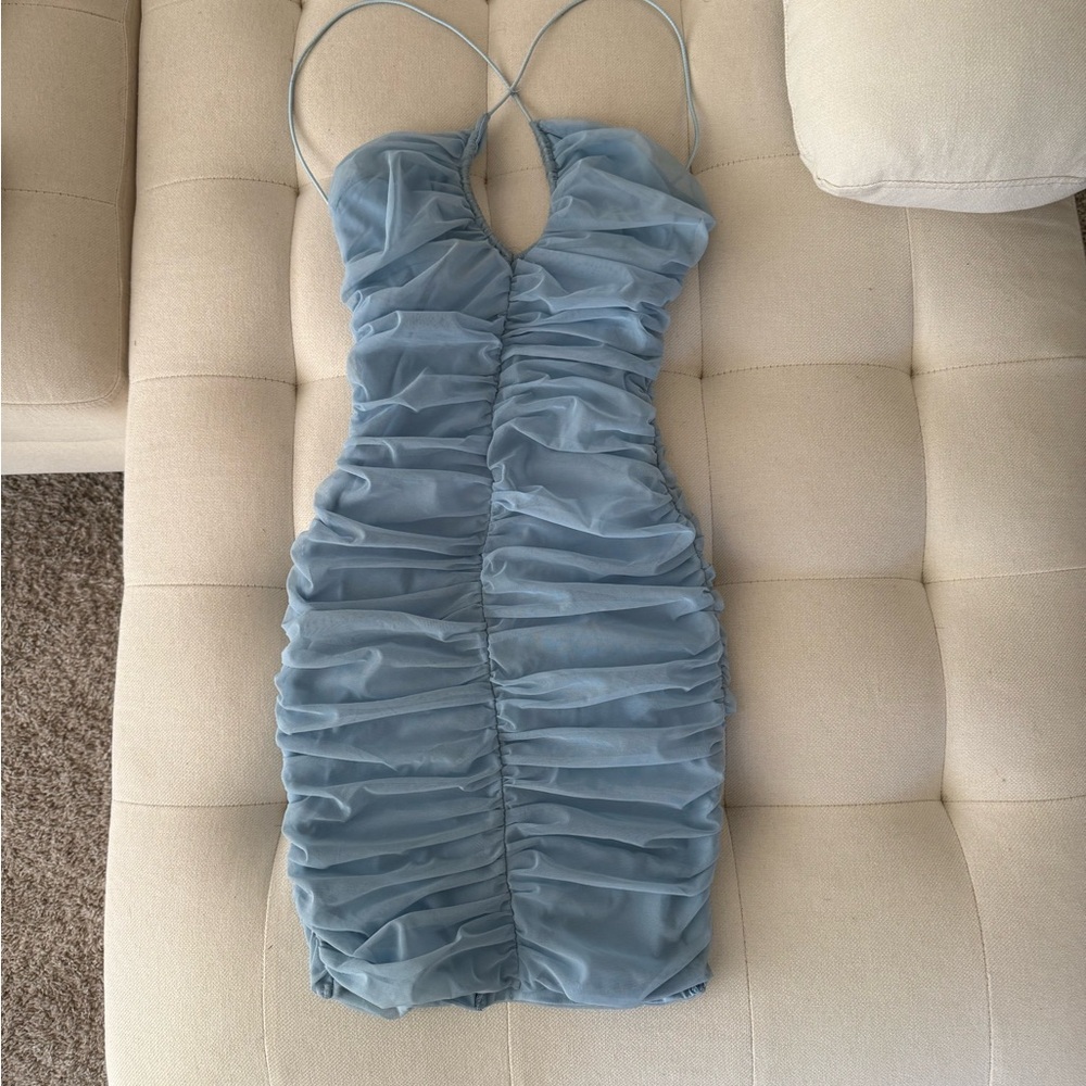 Oh Polly Blue Ruched Bodycon Mini Dress